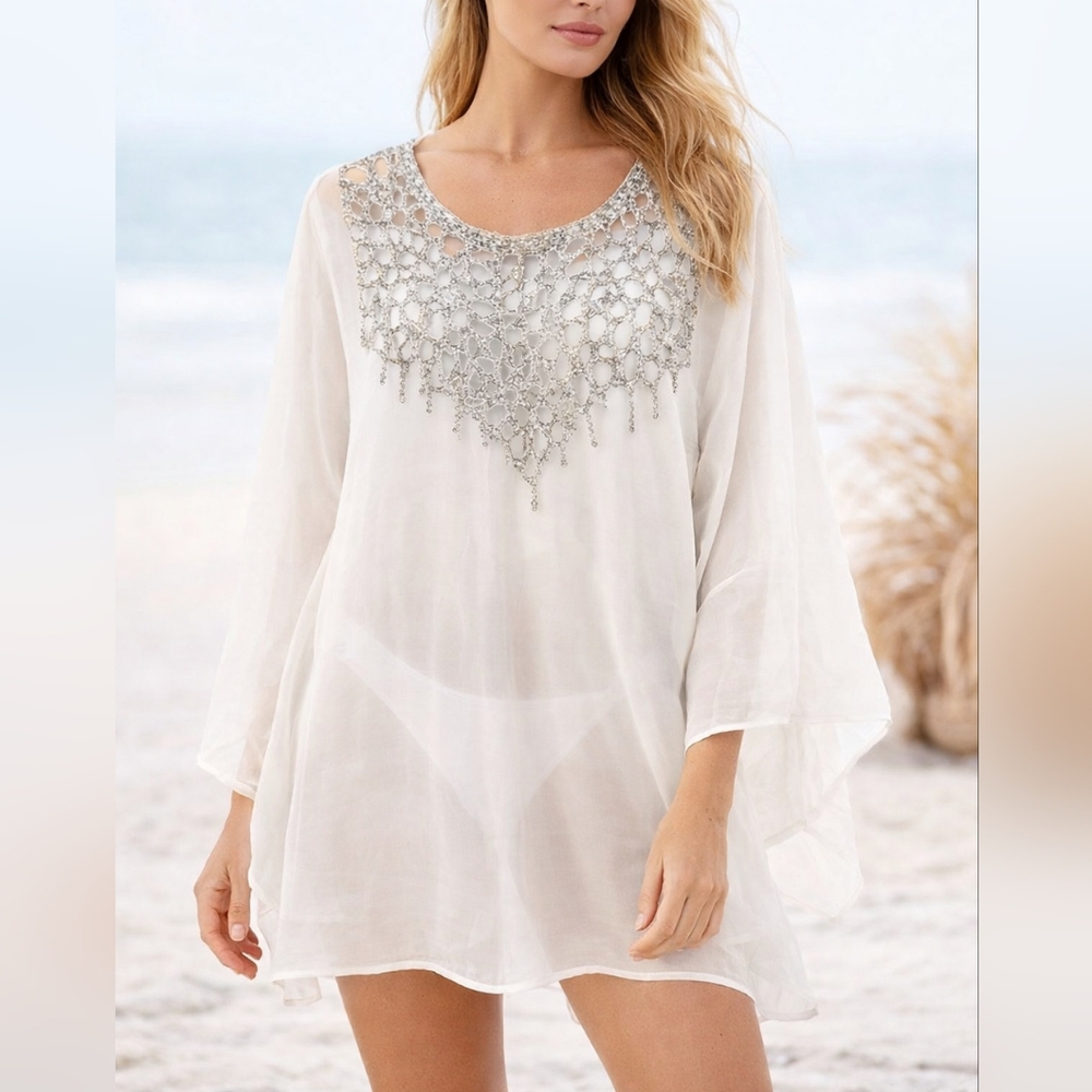 Large SOLITAIRE Swim White Sheer Beaded Chiffon Cover Up Boho Resort Beach